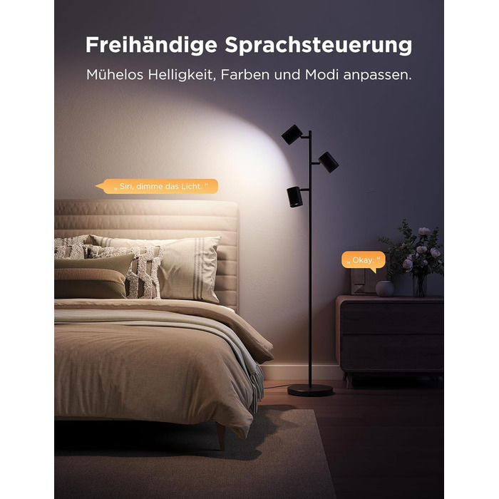 Світлодіодна підлогова лампа Govee 3-Flammen RGBWW, Matter, 1500lm, сумісна з Alexa, 64+ сцени, синхронізація з музикою, 157см, чорна для вітальні, спальні, кабінету