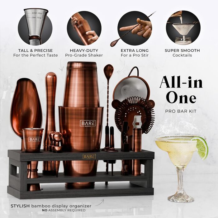 Набір бармена BARE BARREL® Mixology: 16 предметів для приготування коктейлів | Шейкер Boston, Мартіні, 35 рецептів | Преміум якість, мідь/чорний