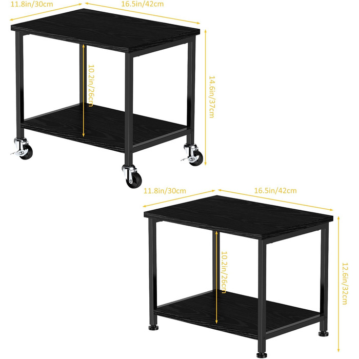 Двоярусний стіл для принтера з роликами, 30x42x37 см, дерев'яний та металевий, мобільний, для офісу та вітальні, чорний