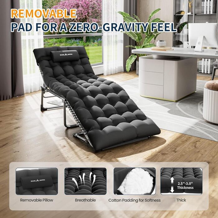 Розкладне ліжко для кемпінгу UDPATIO: зручне ліжко для відпочинку на природі, регульована спинка, з матрацом, чорний колір