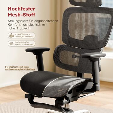 Ергономічне крісло для офісу Voll-Mesh з підголівником, підставкою для ніг, регульованою спинкою, підлокітниками, саморегульованою поперековою підтримкою, PU-колесами, поворот на 360°, 150 кг, темно-сірий