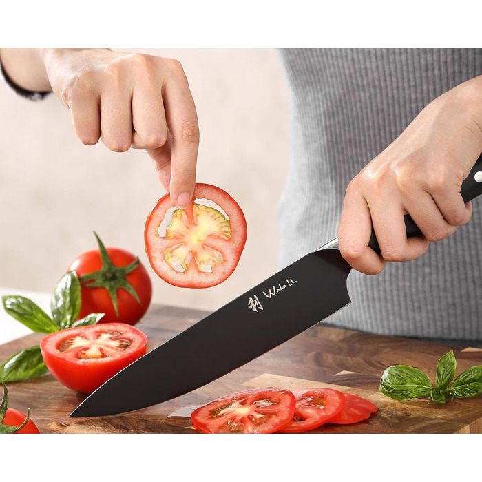 Набір кухонних ножів Wakoli Titanium Noir (5 предметів) з бруском - професійний набір кухонних ножів з титановим покриттям, нержавіюча сталь, чорне покриття, магнітний брусок, шеф-ніж