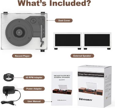 Вініловий програвач Udreamer з Bluetooth 5.3, стереодинаміками, USB, AUX, 3 швидкості, білий, ретро дизайн