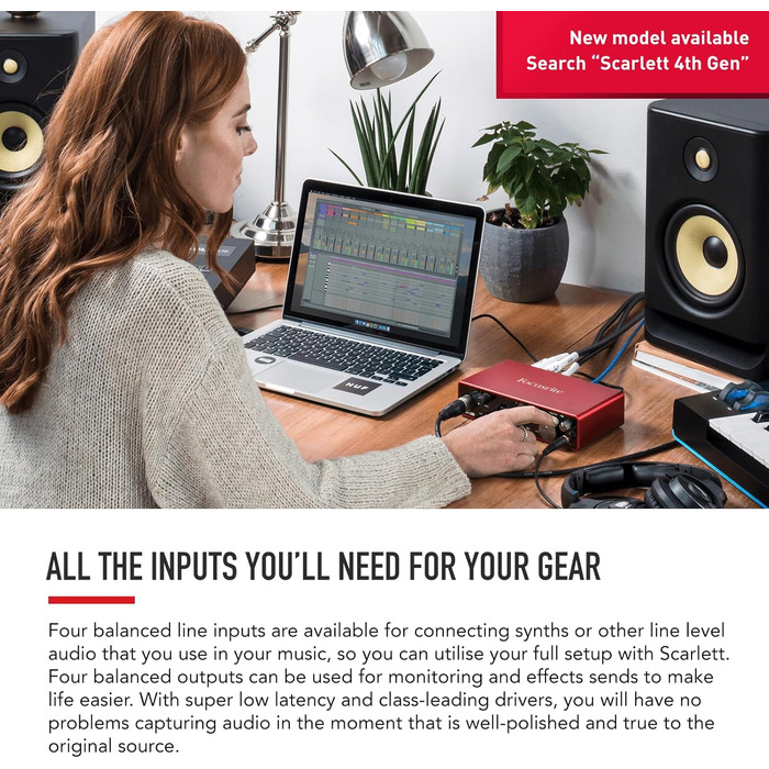 Аудіоінтерфейс Focusrite Scarlett 4i4 3-го покоління з USB для гітаристів, вокалістів та продюсерів. Професійний звук та програмне забезпечення для запису