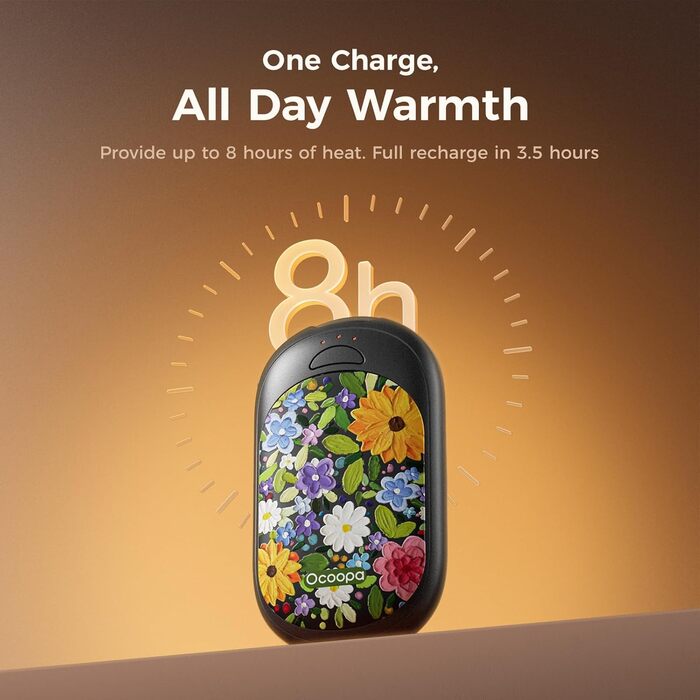 Електричні грілки для рук Ocoopa 2 шт. з магнітною основою, 5000mAh, 3 режими нагріву, компактні, для рукавичок, сумок, зимові аксесуари, подарунок для чоловіків та жінок (Lila_Weiß, Painted in Bloom (Ocoopa x Artist in Bloom)_Schwarz)