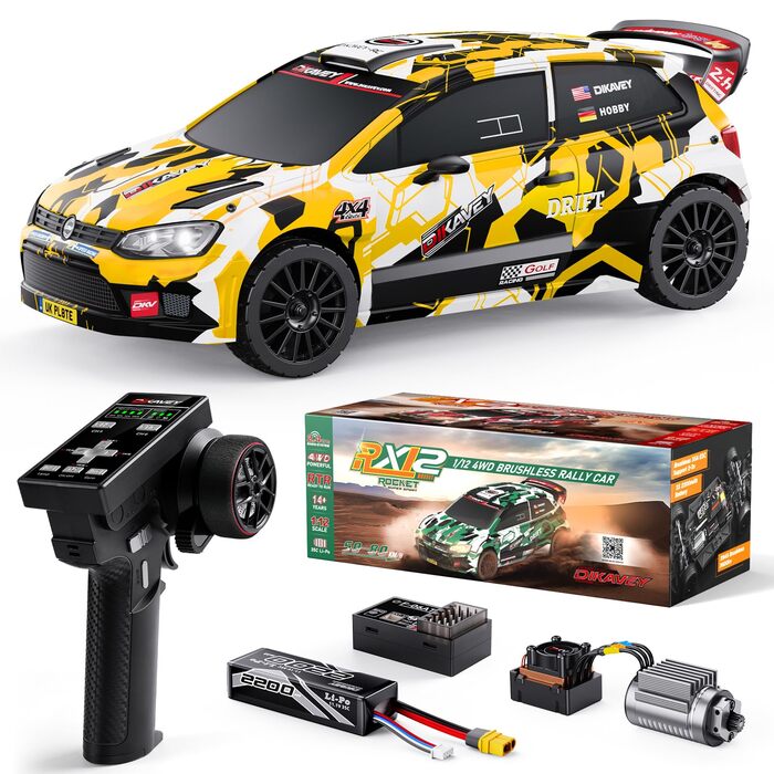 Швидкісний RC автомобіль для дорослих 1/12, 50 миль/год, Brushless, Drift, 4WD RTR, з гіроскопом, акумулятор 3S 2200mAh, жовтий