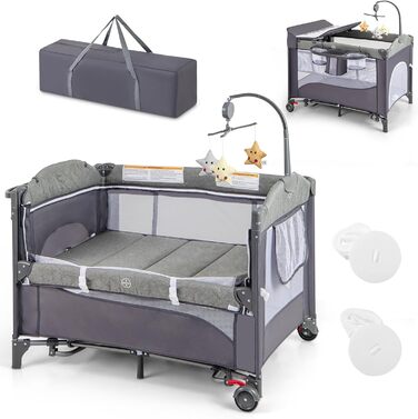 Детское путешествие: дорожное детское ложе DREAMADE 5-в-1 с матрасом, колесами, пеленальной доской и музыкальной шкатулкой, 110x76 см, с сумкой для переноски, для новорожденных и малышей (Зеленый)
