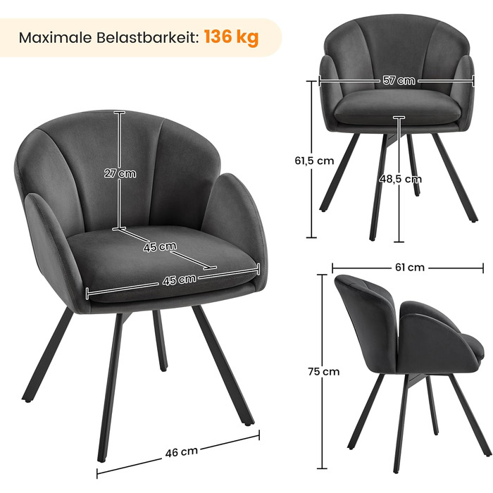 Офісний стілець Yaheetech 360° обертовий, оксамитовий, з подвійним сидінням, крісло для макіяжу, для офісу/спальні/вітальні, темно-сірий