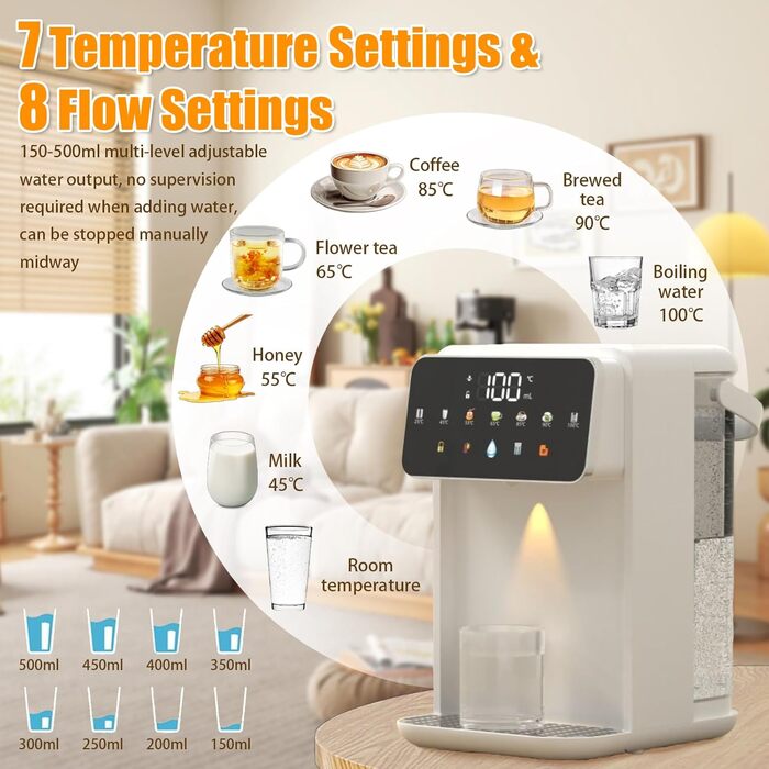 iFCOW Дозатор гарячої води, миттєвий нагрів за 3 секунди, 7 температурних режимів, 8 виходів, 3-5л бак, регулювання гучності, пам'ять - для кухні та офісу