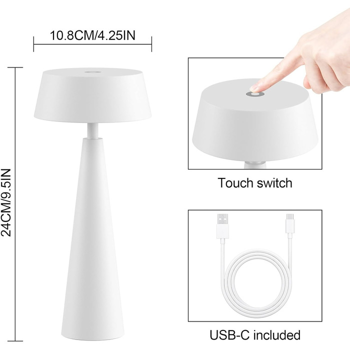 2 шт. Білі бездротові настільні лампи з акумулятором, регульоване освітлення 3000K-6000K, IP54, USB-C, для дому та вулиці, балкону, обіднього столу, білі