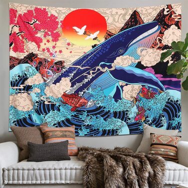 Настінний гобелен Dremisland в японському стилі Ukiyo-e з зображенням великого кита XL 175x230 см