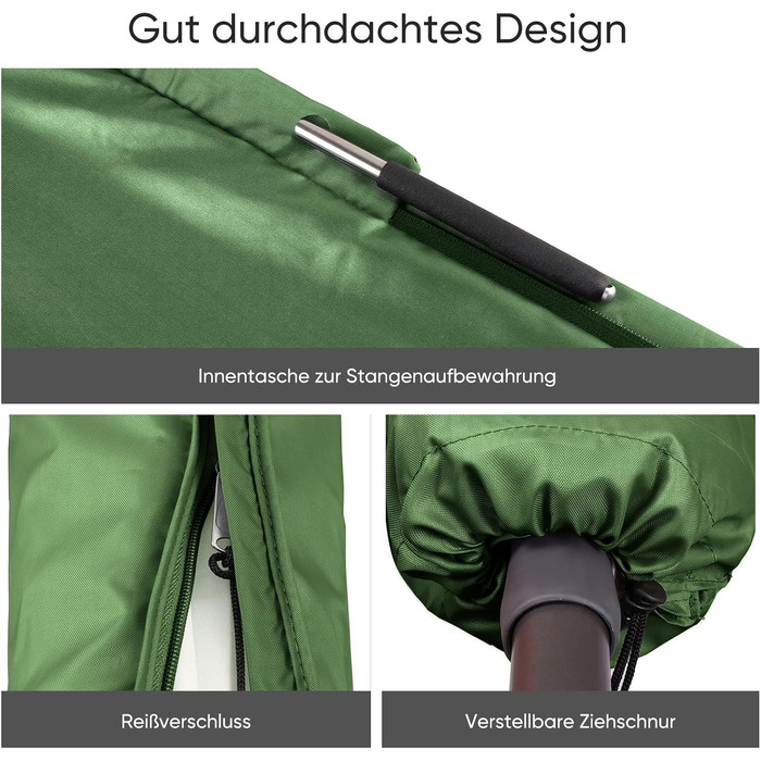 Захисний чохол Sekey для парасольки 300 см | З монтажним стрижнем та блискавкою (175×30,5/36,5 см) – Водонепроникний, UV 50+ (175 см x 30,5/36,5 см, М'ятний)