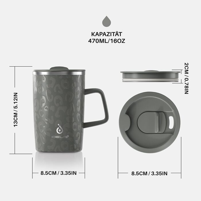 Кавова чашка Ideus® 470 мл з подвійними стінками, з нержавіючої сталі, з антиковзним ручками та кришкою-висувним модулем (Червоний Зебра, Leopard Gray)