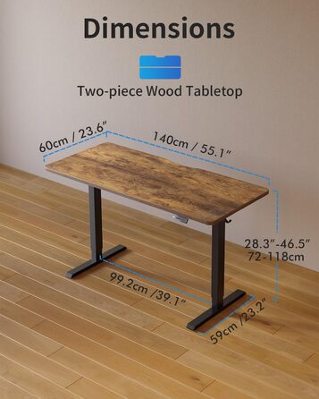 Електричний стіл CUBICUBI з регулюванням висоти, 140 x 60 см. Стельовий стіл з T-подібними ніжками зі сталі, пам'ять керування, антиколізійна система, чорний каркас/коричнева стільниця