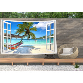 Вид на пляж Гамак з морськими пальмами - Плакат з гобелену - 200x150 см - Садовий плакат - Гобелен великий - прикраса для саду та вітальні