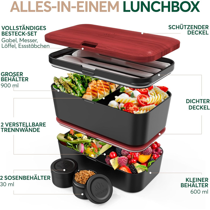 Ланчбокс Umami Lunchbox для дорослих, 1200 мл, з відділеннями та 4 столовими приборами, чорний & бежевий, для офісу/пікніка