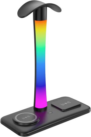 Підставка для навушників з бездротовим зарядним пристроєм, RGB-підсвічуванням, сумісна з Airpod Max, Airpod Pro/3/2, iPhone 16/15/14/13/12/11, Samsung, ідеальний подарунок для геймерів, чорний колір