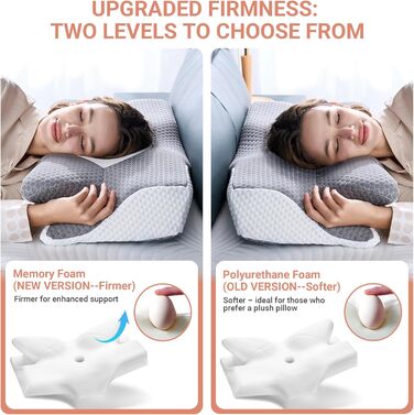 Ортопедична подушка для шиї Elviros з піни Memory Foam, ергономічна, для сну на спині, боці та животі, знімний охолоджуючий чохол, 64×(11,5/13)×40 см, сірий