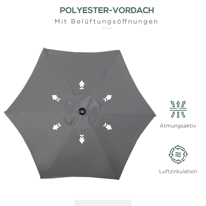 Outsunny Parasol Ø196 см, поворотна парасолька з функцією складання, шестикутна балконна парасолька пляжна парасолька вітрозахисна стабільна ринкова парасолька з колінчастою парасолькою для захисту від сонця для пляжу Балконний сад, темно-сірий