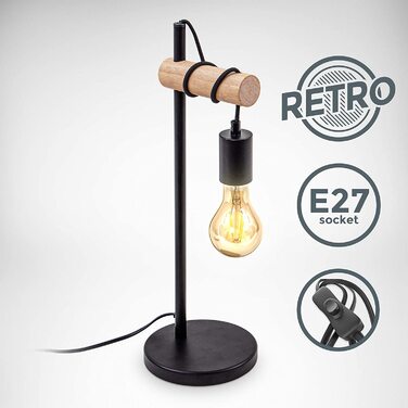 Б. к. світло-вінтажна настільна лампа чорного кольору-ретро лампа-промислова лампа без світлодіодів - Дерев'яна лампа E27 в чорному корпусі з деревом