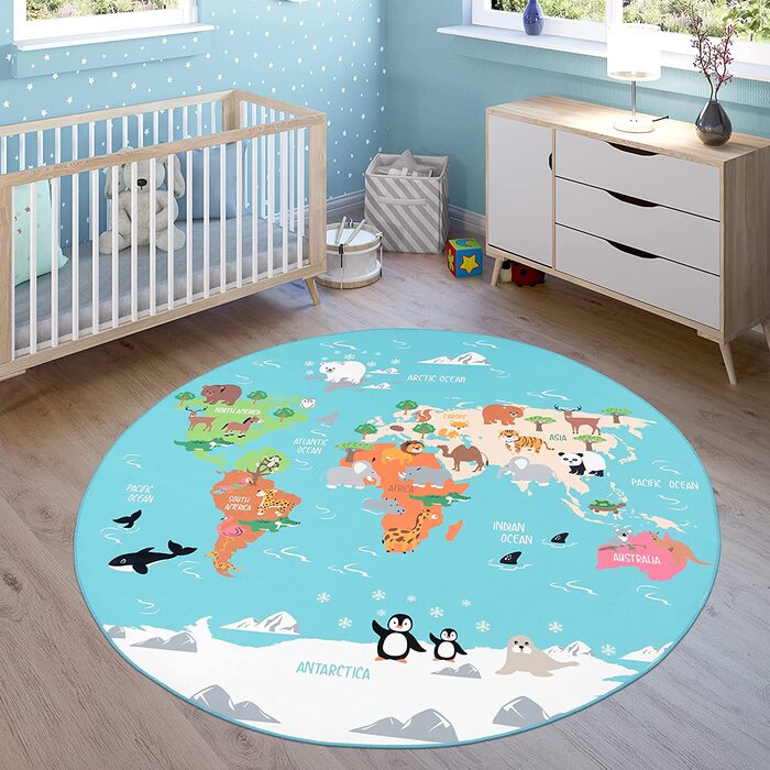 Дитячий килимок Paco Home для дитячої кімнати, ігровий килимок, карта світу з тваринами, зелений, розмір Ø 200 см Квадрат 200 см Квадрат бірюзовий