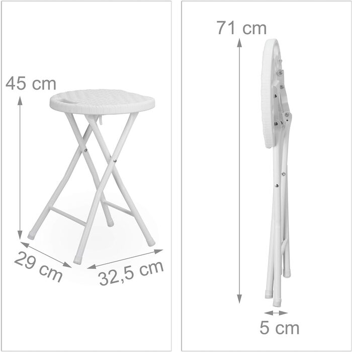 Табурет розкладний Relaxdays BASTIAN круглий, 2 шт. Складний, пластиковий, під вигляд ротанга, стійкий до атмосферних впливів ВхШхГ 45 x 32,5 x 29 см, (Білий)