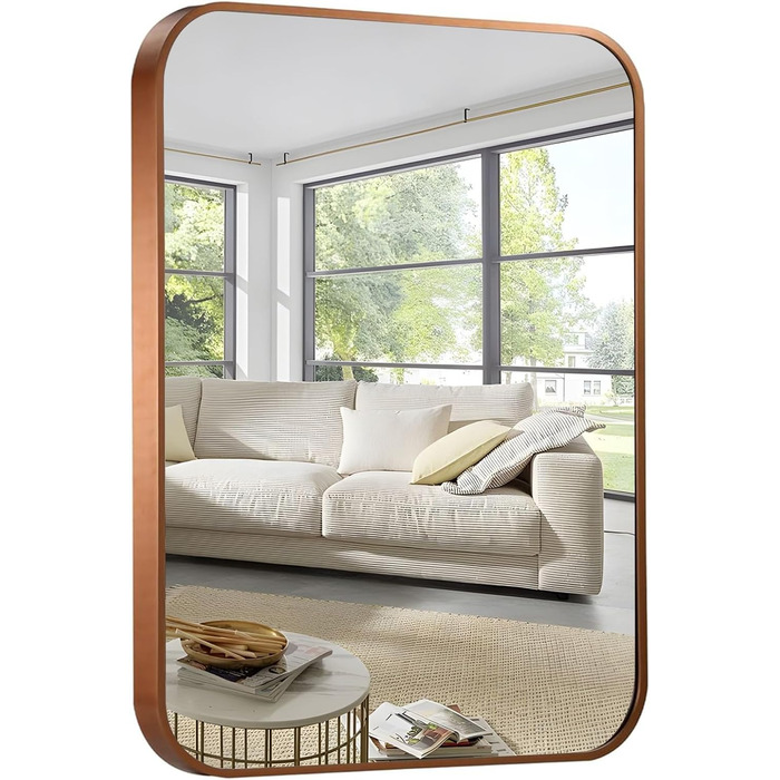 Дзеркало для ванної кімнати на стіну з округлим прямокутним дизайном та коричневим металевим каркасом. Підходить для ванної, передпокою, вітальні, спальні. Вертикальна або горизонтальна орієнтація. Розміри: 91.4 x 61 см, колір: брашкова бронза.
