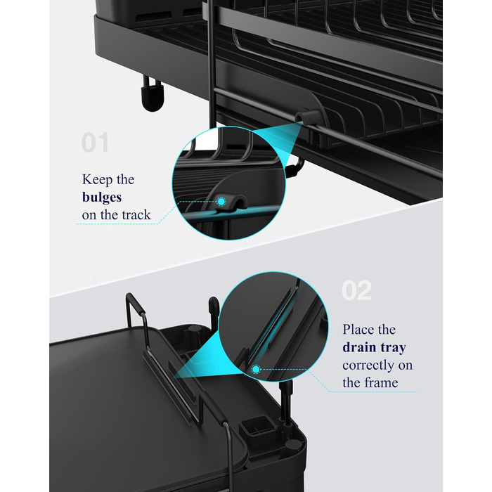 Сушарка для посуду Kitsure, висувна, багатофункціональна, з відділенням для столових приборів, 67.8 x 32.7 x 14.9 см (Чорний)
