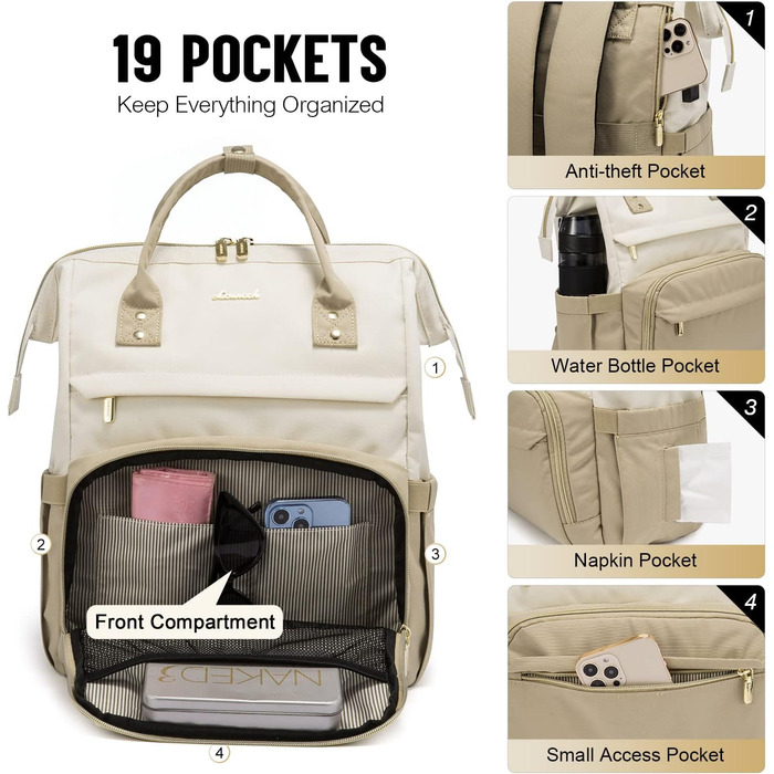 Рюкзак для ноутбука LOVEVOOK для жінок, великий шкільний рюкзак для підлітків, рюкзак ручної поклажі, водонепроникний дизайн, дихаючі плечові ремені, для університету, школи та подорожей, бежево-сірий (17 дюймів, B- Beige Khaki)