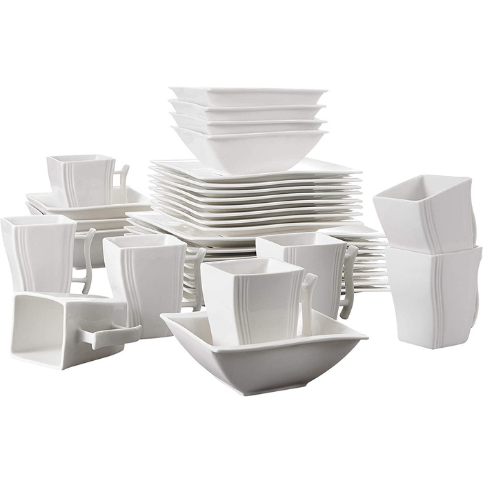 MALACASA Серія Flora – 60-елементний посуд для 12 осіб – кремово-білий порцеляновий сервіз з квадратним дизайном (тарілки, чашки, підтарілки) – придатний для миття в посудомийній машині та використання в мікрохвильовій печі, білий