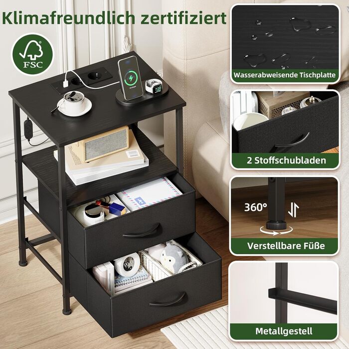 Нічний столик Somdot з підзарядкою, LED, розеткою (USB, Type-C) для спальні, вітальні, дитячої кімнати, чорного кольору, 30x40x60 см (2 висувні ящики)