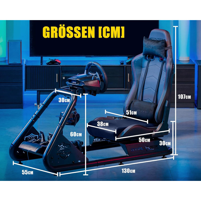 GTPLAYER Симулятор кокпіт для гонок, стійка для керма та педалей, з динаміками, чорний