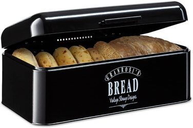 Хлібниця Granrosi, Хлібниця в стилі ретро з відкидною кришкою, компактна коробка для зберігання більш довгих і свіжих продуктів, хліба, булочок, випічки і тортів, (Вінтажний Сірий) (Чорний, 42 x 24 x 16 см)