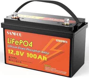 Акумулятор SANFOU 12V 100Ah LiFePO4, літієва батарея 1280 Втгод з BMS 100 А, автомобільні акумулятори 5000-15000 разів, підтримка 4S4P, ідеально підходить як джерело живлення для кемпінгу на автофургоні 12V100Ah