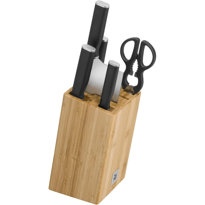 Набір ножів WMF Kineo з підставкою (6 предметів), Made in Germany: 4 ножі, кухоні кусачки, бамбукова підставка, Performance Cut, сталь Messerblock Asia