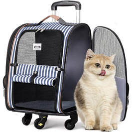 Розширюваний рюкзак для кішок рюкзак для собак для кішок до 8 кг, великий рюкзак для кішок складаний рюкзак для домашніх тварин з внутрішнім повідцем і килимком для домашніх тварин, (в смужку з візком)