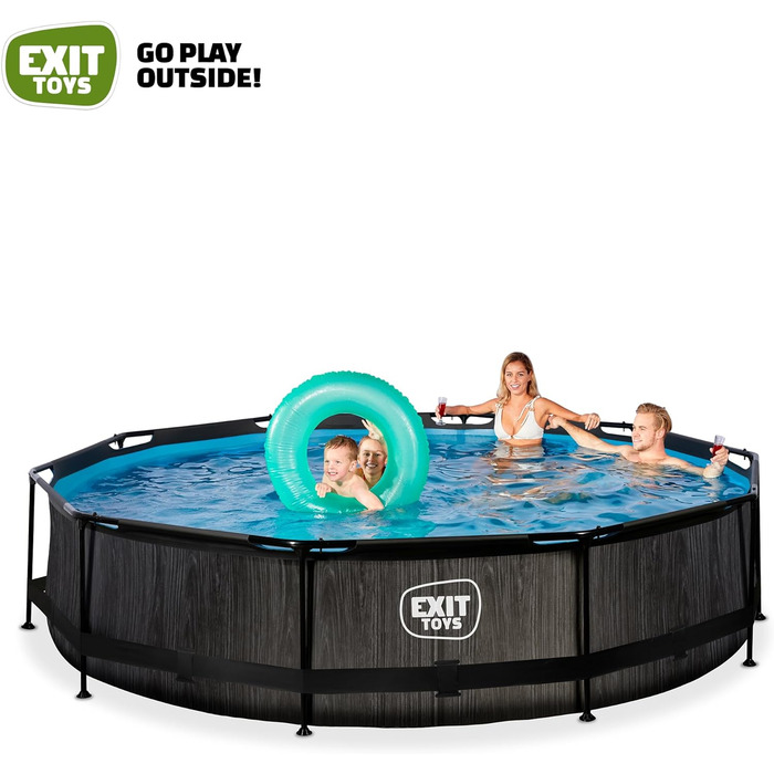Дерев'яний басейн EXIT Toys - 220x150x65см - Прямокутний, компактний каркасний басейн з картриджним фільтруючим насосом - Легкодоступний - Підходить для малюків - Міцна рама - Унікальний дизайн - (ø 360 x 76 см, чорний)