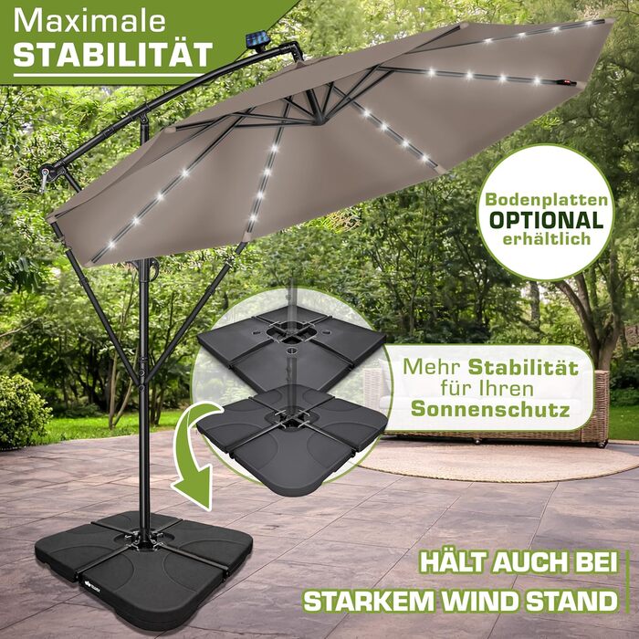 Садова парасолька Tillvex Alu з LED-сонячним освітленням, 300 см, Cappuccino — алюмінієвий зонт з ручкою-кранцем, захистом від UV та вітру, у комплекті з чохлом та стійкою