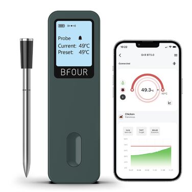 Термометр для м'яса BFOUR BF-30 PRO: бездротовий Bluetooth термометр-щуп з LCD-дисплеєм, IP67 водонепроникний, для приготування на грилі, в духовці, на кухні (зелений)