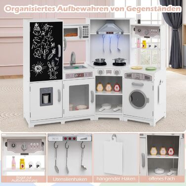 Детська дерев'яна кухня COSTWAY з підсвіткою та звуком, кутова кухня з табло, мікрохвильовою піччю, раковиною, духовкою та місцем для зберігання, з аксесуарами, іграшкова кухня для дітей від 3 років (біла)