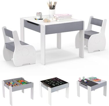 Детский стол со стульями COSTWAY 3 в 1, деревянная мебель для детей 3+, светло-серый, со съемной столешницей и местом для хранения