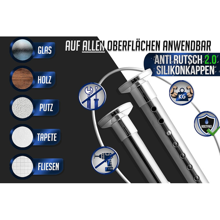 Штанга для душу без свердління 160-210 см, Ø 32 мм, з кріпленнями - штанга для завіси для вікон, перегородок та кухні (160-210 см, нержавіюча сталь срібна)
