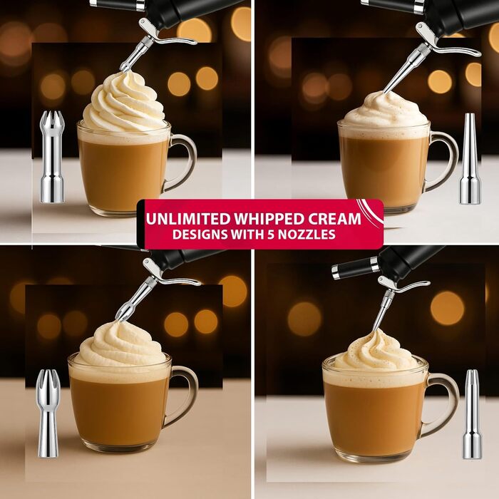 Алюмінієвий диспенсер для збивання вершків на 500 мл з 5 насадками, щітками для чищення, 0,5 л (N20 зарядний пристрій не входить до комплекту)