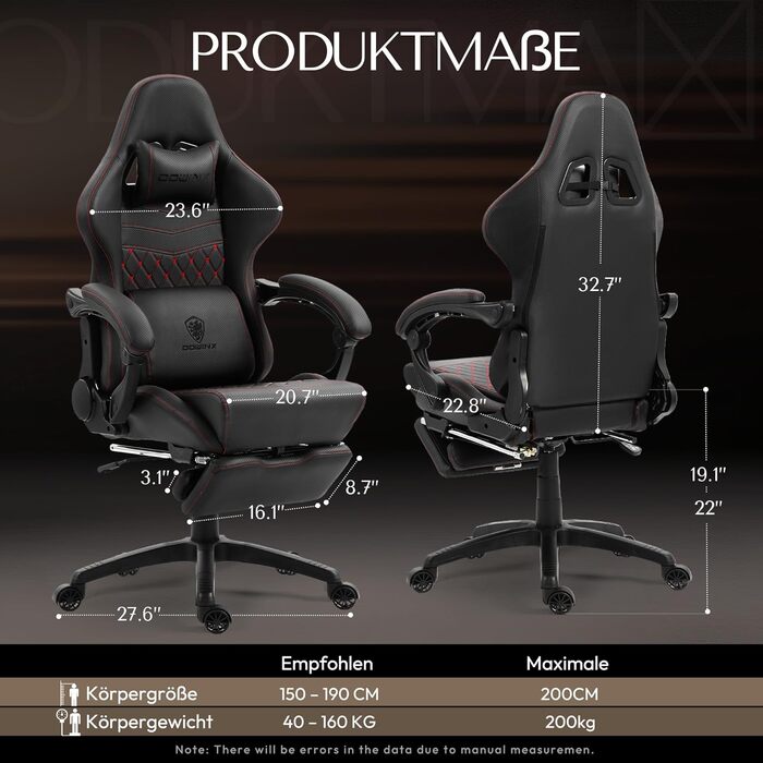 Ігровий крісло Dowinx з регульованою підніжкою, масажним поперековим валиком та офісним комфортом, до 200 кг, кут нахилу спинки 165°, чорний