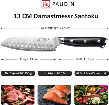 Японський ніж Santoku PAUDIN з дамаської сталі 13 см - професійний кухонний ніж для кухні, надзвичайно гострий, з ергономічною ручкою G10