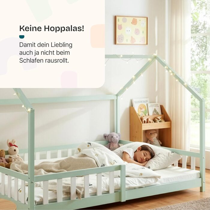 Дитяче ліжко Hesel Hausbett: біле, з бортиками та ламелями, Montessori, 120x200 см