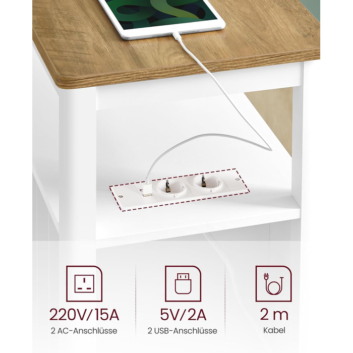 Приставний столик VASAGLE з розетками, 2 шухляди, для невеликих кімнат, стиль марина, горіхово-білий (LET327W14)