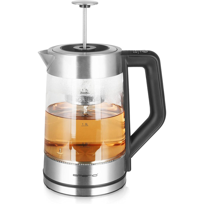 Електричний чайник Emerio WK-122248 з боросилікатного скла, 1.7л, чорний/срібний, з автоматичним ситом, регулювання температури, 2200 Вт