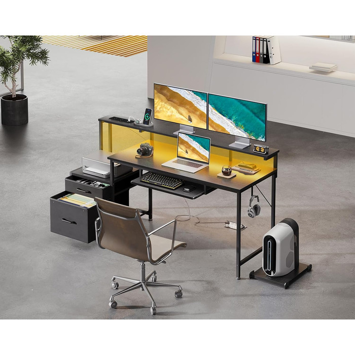 Ігровий стіл Coleshome з LED підсвічуванням, стіл для дому та офісу з ящиками з тканини, комп'ютерний стіл з 2 розетками та 2 USB-портами, стіл для геймінгу з підставкою для монітора, білий (140x48 см, чорний)