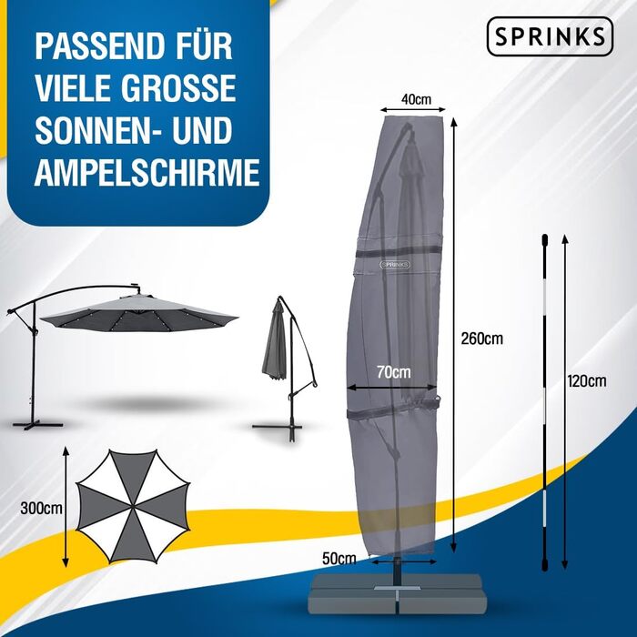 Чохол для парасольки SPRINKS® до 300 см - захисний, стійкий до УФ, вологостійкий, з допоміжним стрижнем, темно-сірий, 260 x 40/70/50 см